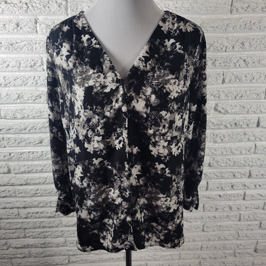 Apt 9 Womens Top XL Black White Watercolor V-Neck Roll Tab Long Sleeve Blouse WAT2XE