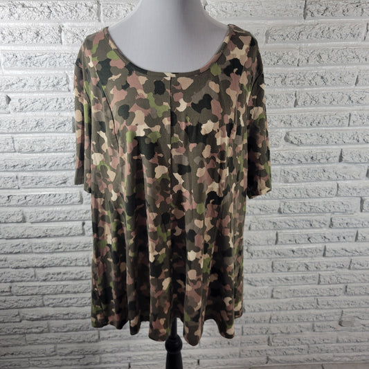 Denim & Co Womens 2XP Petite Plus Green Camo Camouflage Jersey Crew Neck Tee Top CAM4E