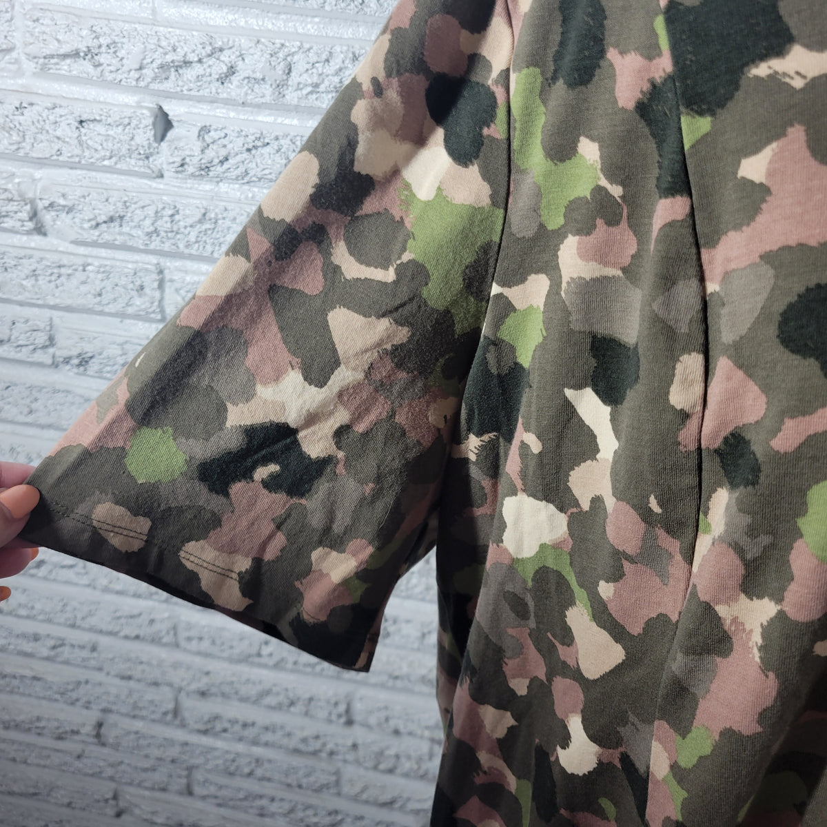 Denim & Co Womens 2XP Petite Plus Green Camo Camouflage Jersey Crew Neck Tee Top CAM4E