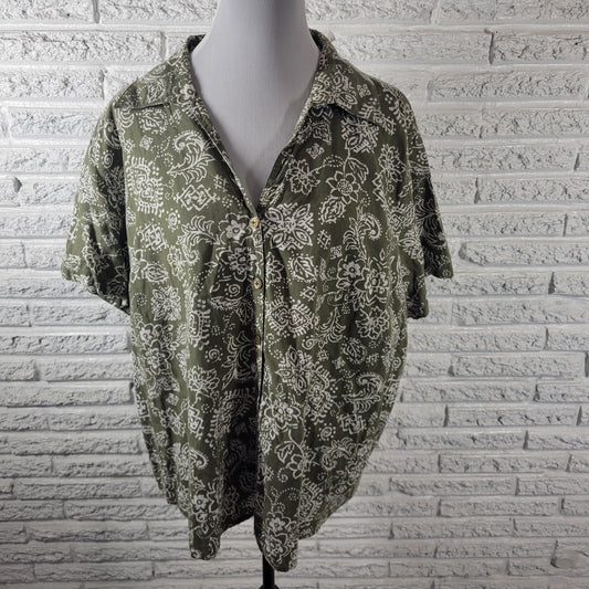 Erika Women 2X Top Green White Floral Cotton Button Up Shirt Short Sleeve Collar FLO307E