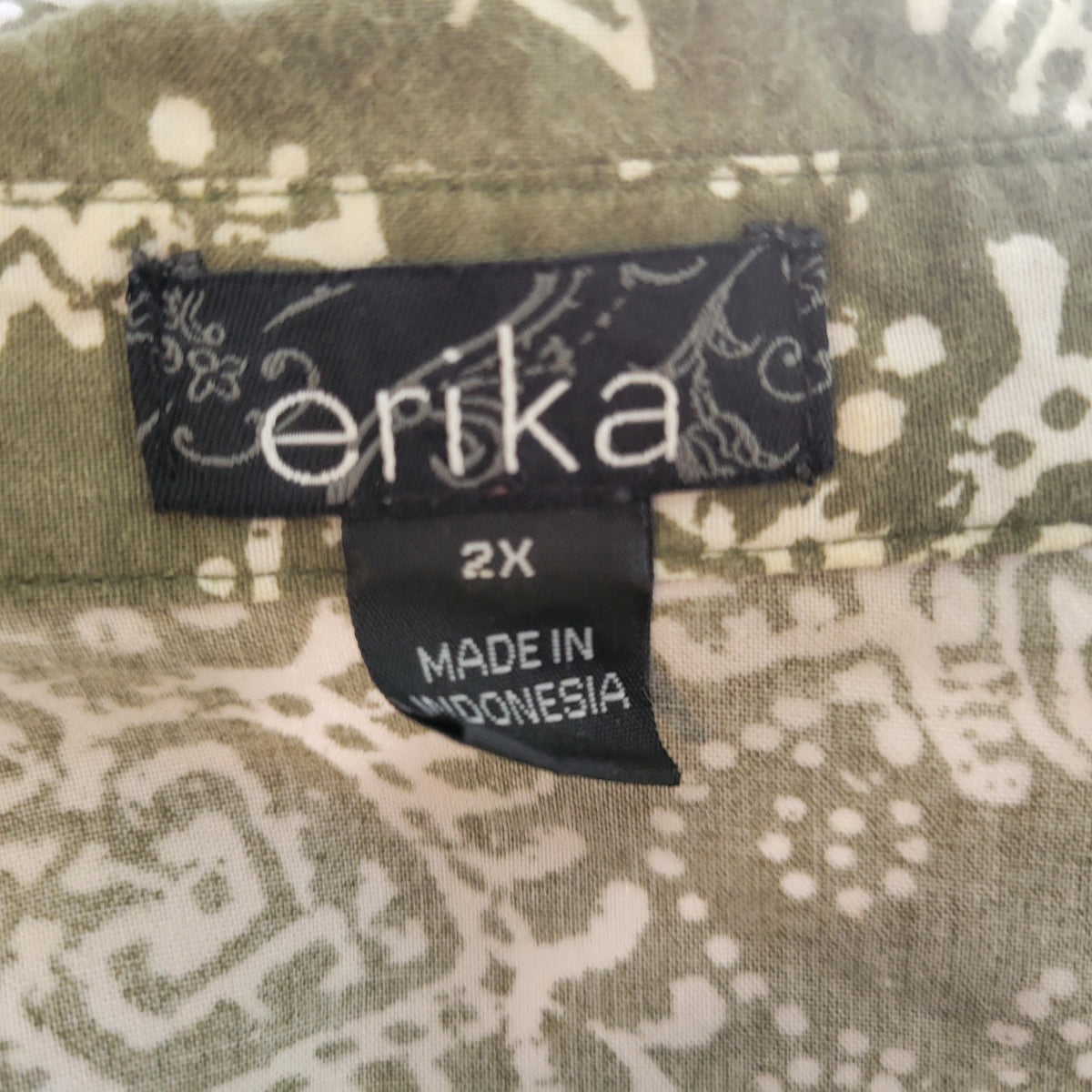 Erika Women 2X Top Green White Floral Cotton Button Up Shirt Short Sleeve Collar FLO307E