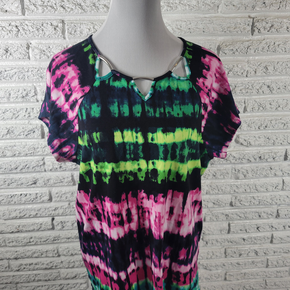 Rafaella Women 2X Tee Shirt Cotton Tie Dye Keyhole Short Sleeve Multicolor Top TIE4E