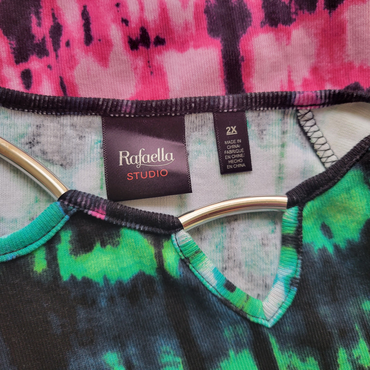Rafaella Women 2X Tee Shirt Cotton Tie Dye Keyhole Short Sleeve Multicolor Top TIE4E
