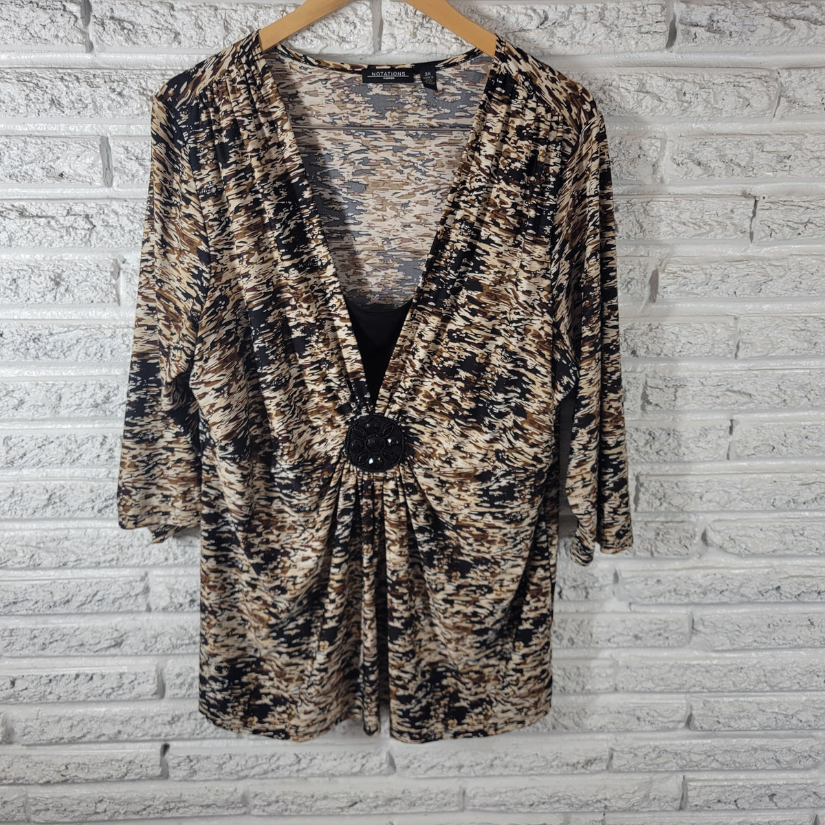 Notations Women 3X Tunic Blouse Brown Black Watercolor Beaded 3/4 Sleeve Square Neck WAT94E