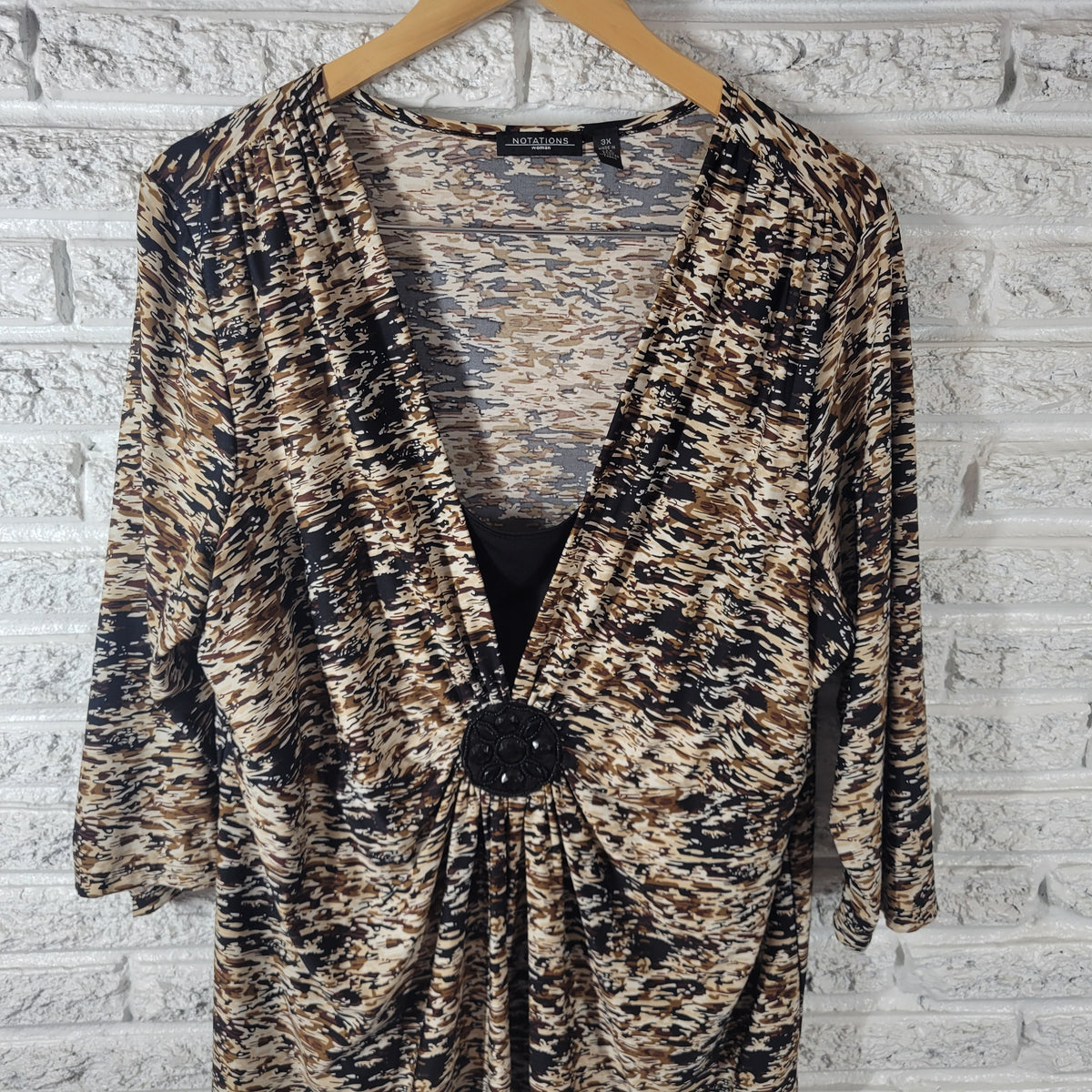 Notations Women 3X Tunic Blouse Brown Black Watercolor Beaded 3/4 Sleeve Square Neck WAT94E