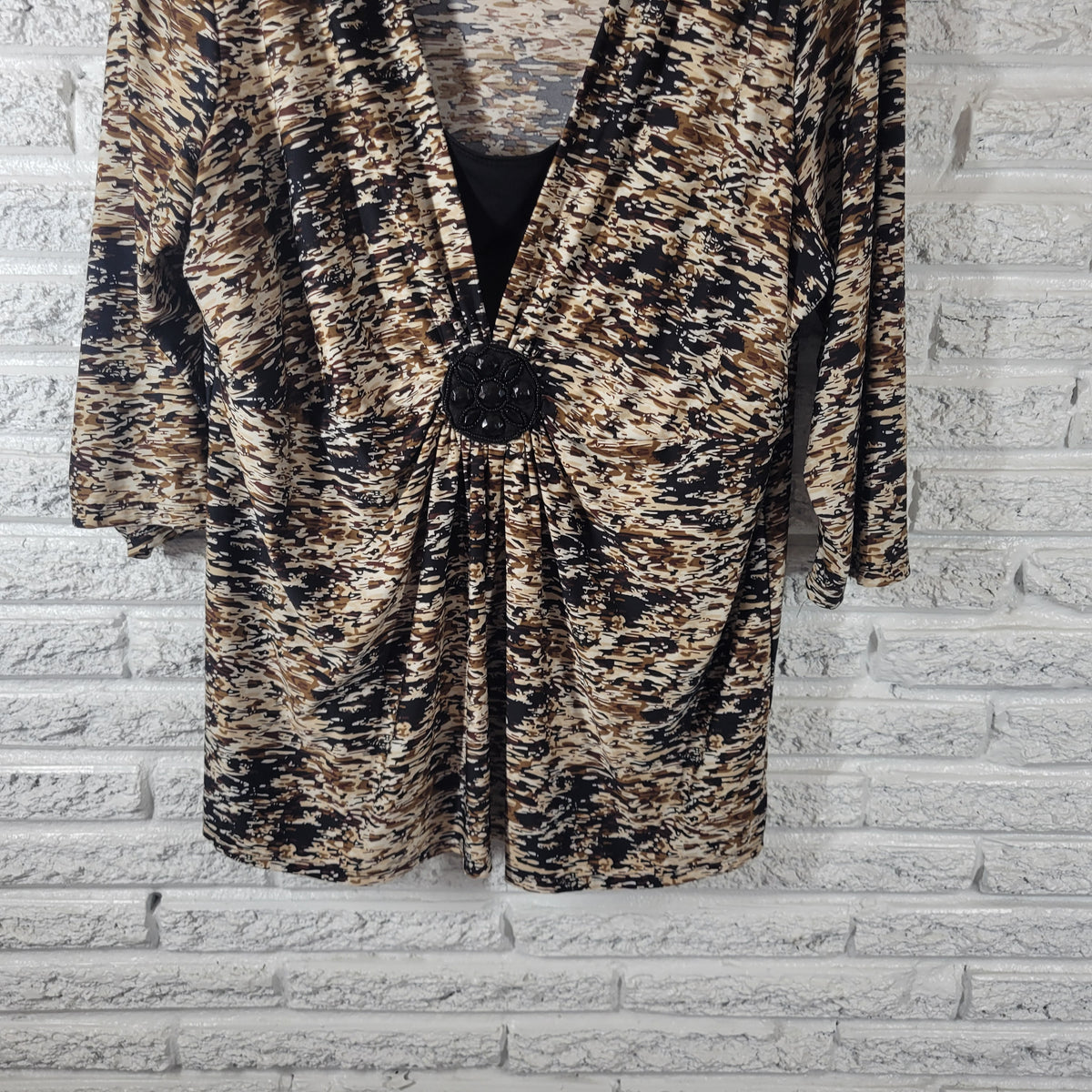 Notations Women 3X Tunic Blouse Brown Black Watercolor Beaded 3/4 Sleeve Square Neck WAT94E