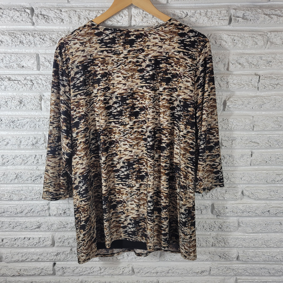 Notations Women 3X Tunic Blouse Brown Black Watercolor Beaded 3/4 Sleeve Square Neck WAT94E