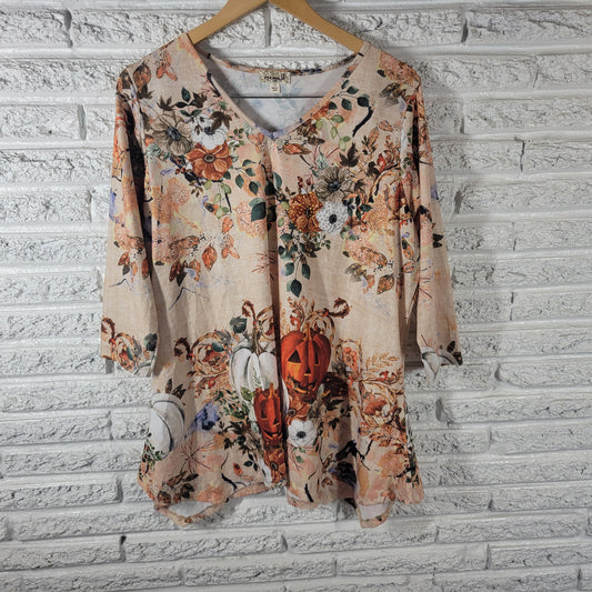 OneWorld Women 1X Fall Halloween Pumpkin Floral VNeck Top Embellished 3/4 Sleeve NOV64XE