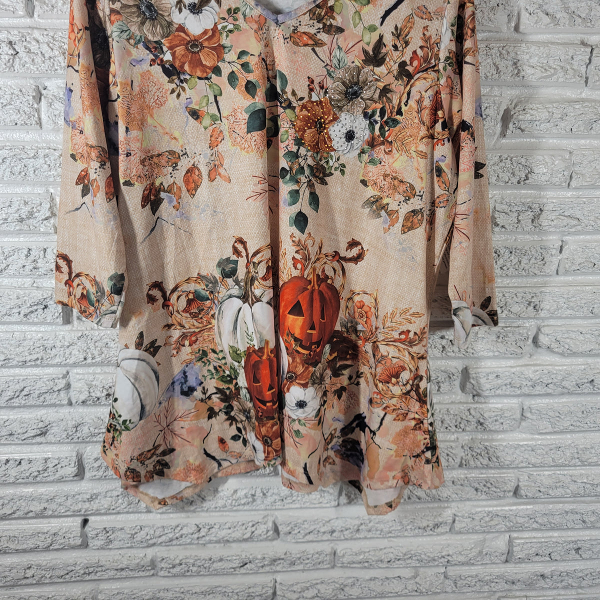 OneWorld Women 1X Fall Halloween Pumpkin Floral VNeck Top Embellished 3/4 Sleeve NOV64XE