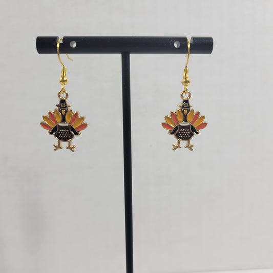 Thanksgiving Turkey Dangle Drop Earrings Gold Tone Enamel Pilgrim Hat Fall Autumn E65E