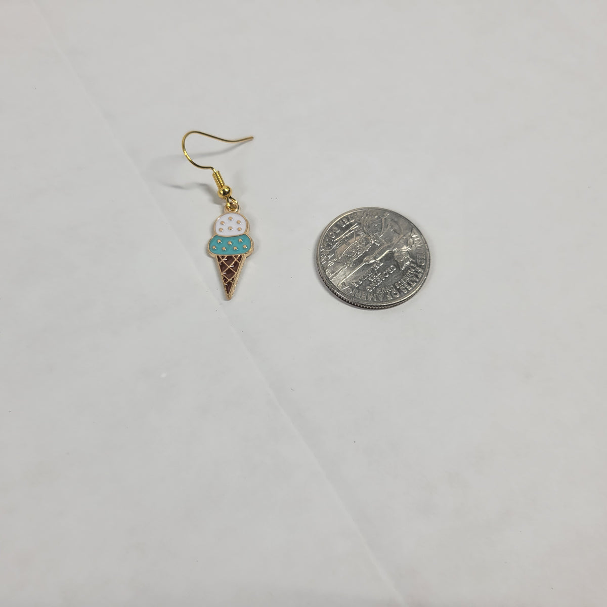 Enamel Ice Cream Cone Drop Earrings Gold Tone Blue White Double Scoop Dangle E70E