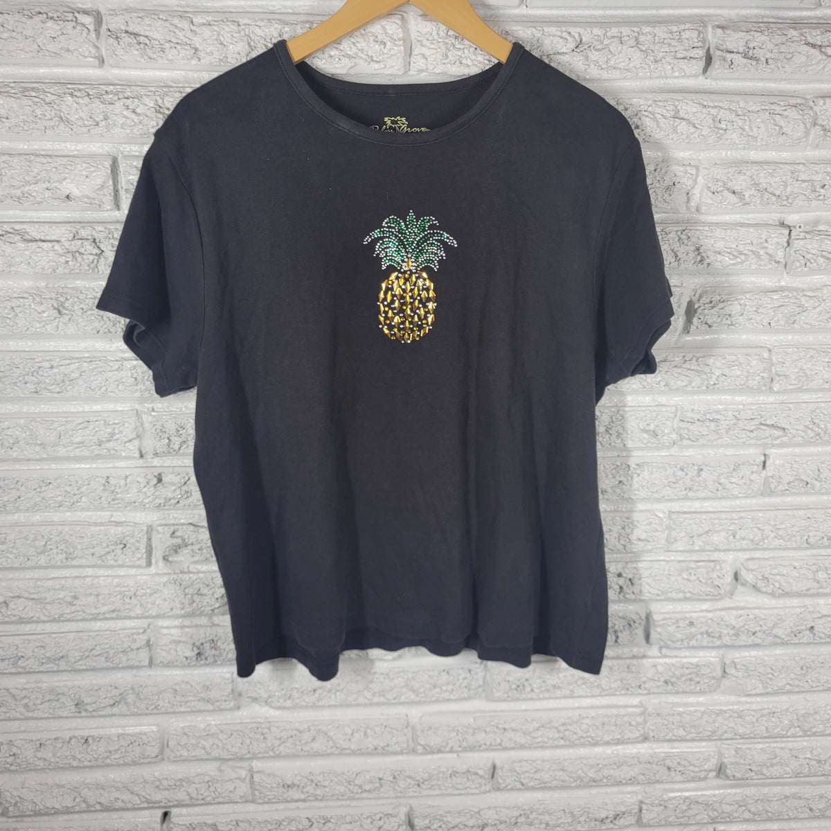 Palm Grove Womens XL Black Pineapple Rhinestone T Shirt Cotton Travel Tee Top BLA4E