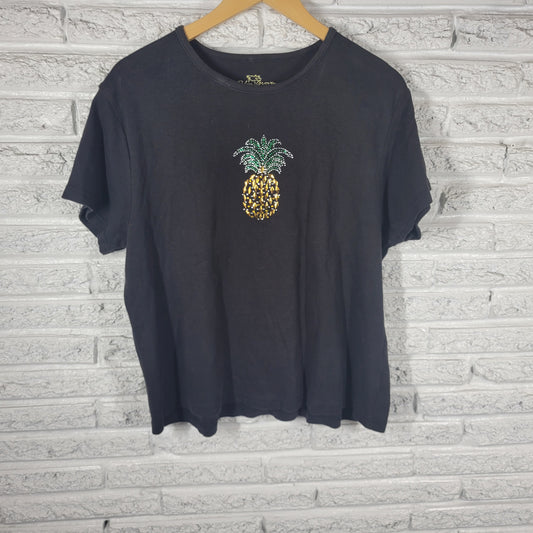 Palm Grove Womens XL Black Pineapple Rhinestone T Shirt Cotton Travel Tee Top BLA4E