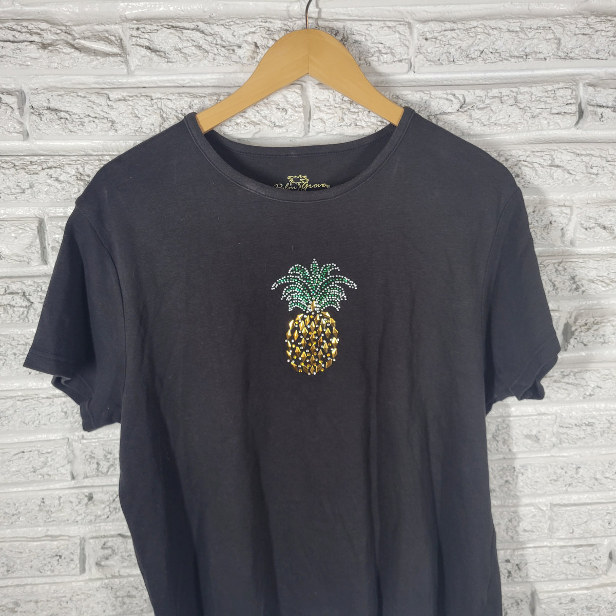 Palm Grove Womens XL Black Pineapple Rhinestone T Shirt Cotton Travel Tee Top BLA4E