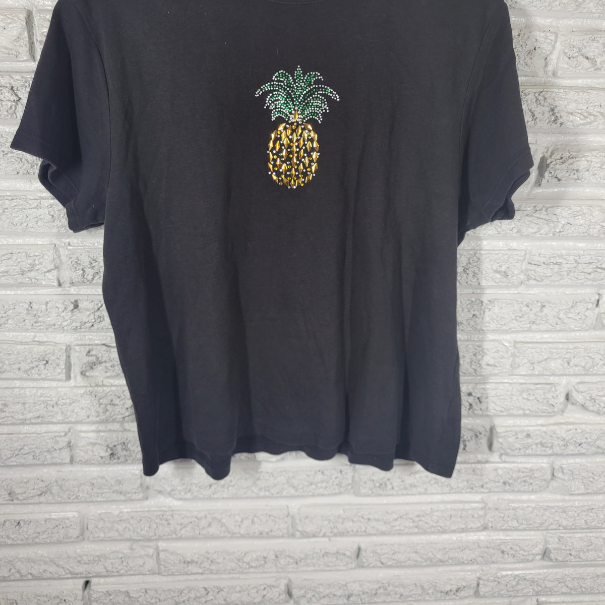 Palm Grove Womens XL Black Pineapple Rhinestone T Shirt Cotton Travel Tee Top BLA4E