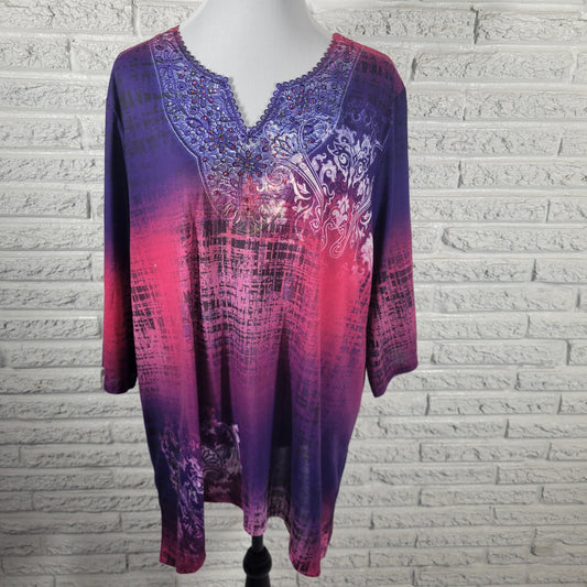 Catherines 1X Paisley Tunic Blouse Rhinestone V-Neck 3/4 Sleeve Plus Casual Top PAI44E
