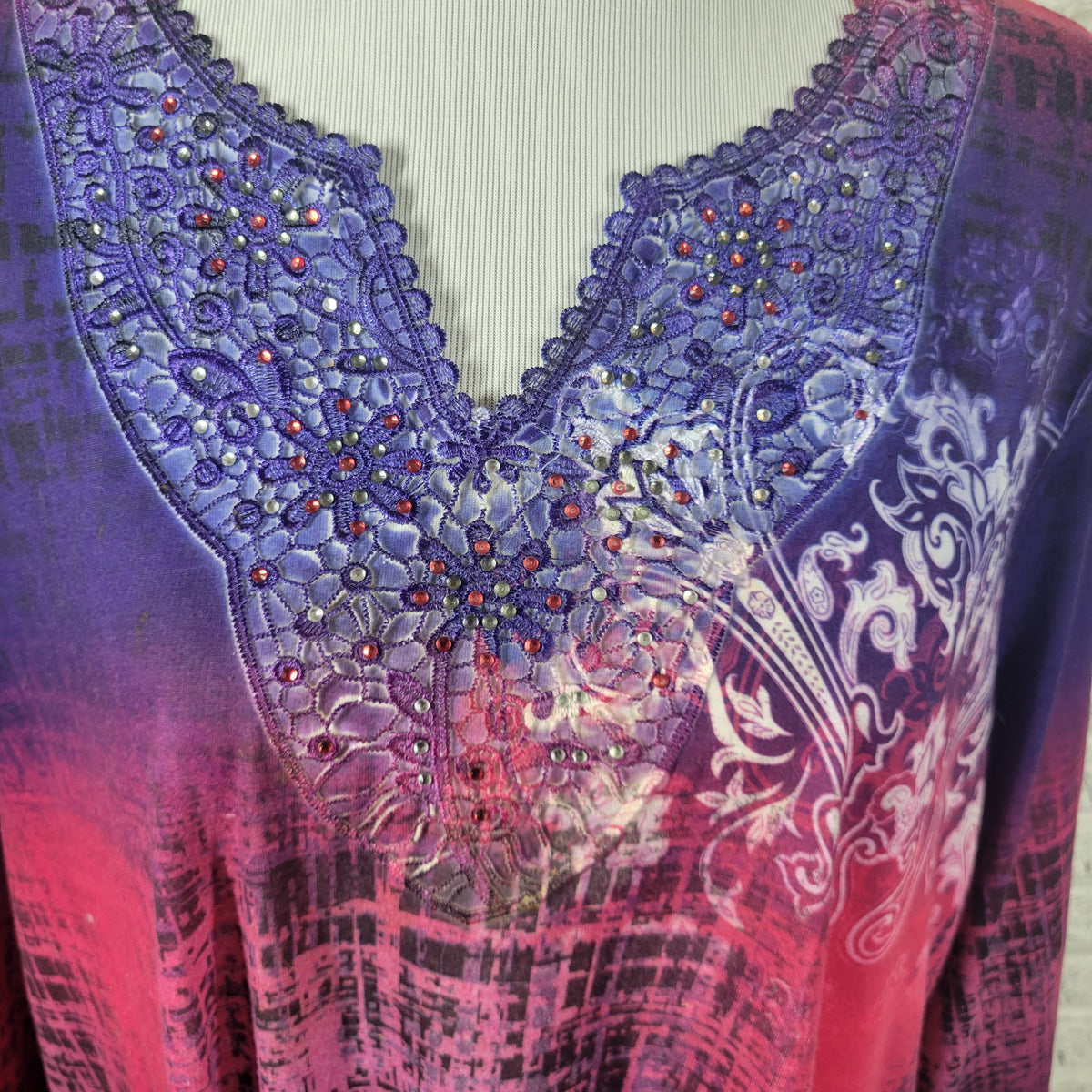 Catherines 1X Paisley Tunic Blouse Rhinestone V-Neck 3/4 Sleeve Plus Casual Top PAI44E