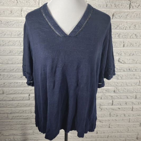 Chico's XL Blue Linen Knit Crochet Sleeve Tee Shirt V-Neck Pullover Casual Top BLU43E