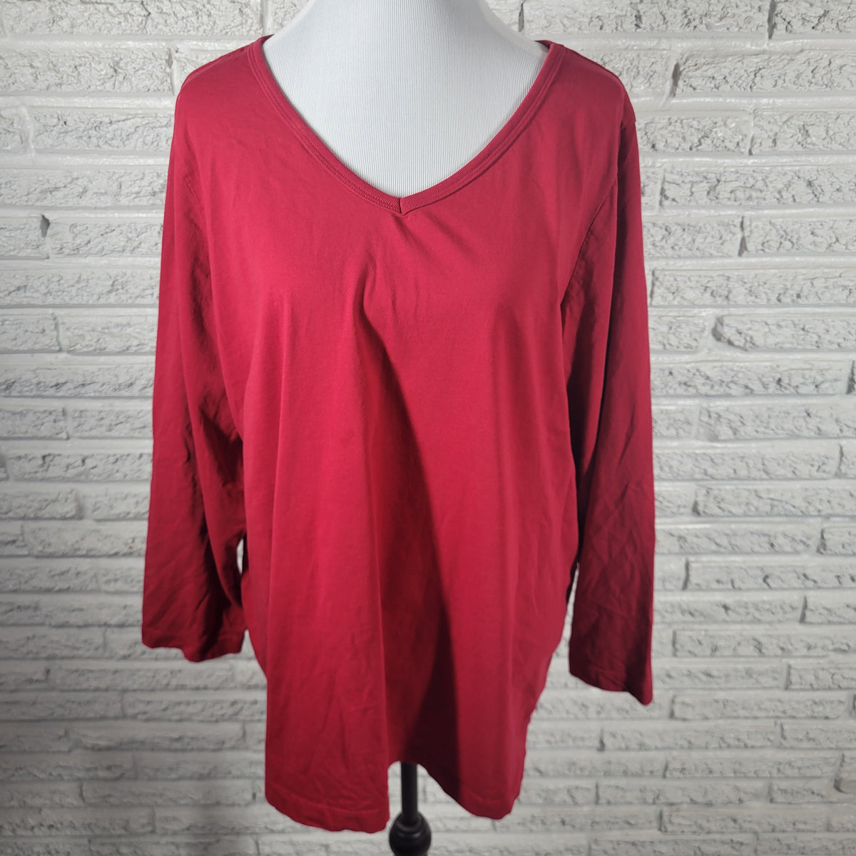 Woman Within 2X Red Cotton Knit Tunic T-Shirt V-Neck Long Sleeve Plus Casual Top RED38E