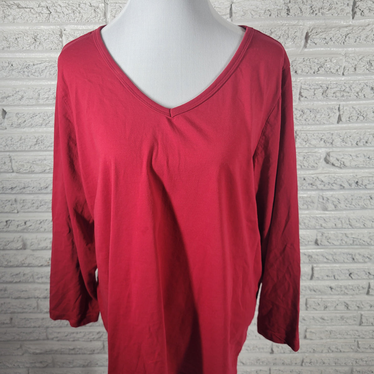 Woman Within 2X Red Cotton Knit Tunic T-Shirt V-Neck Long Sleeve Plus Casual Top RED38E