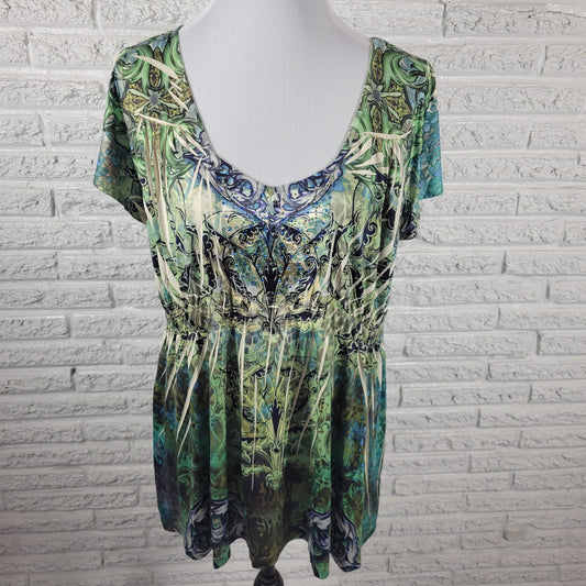Apt 9 Womens 1X Top Blouse Geometric Blue Green Flutter Sleeve Studded Stretch GEO206XE