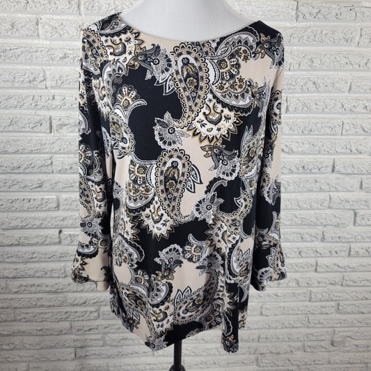 Charter Club Womens XL Top Paisley Black Beige Long Bell Sleeve Round Neck  PAI49E