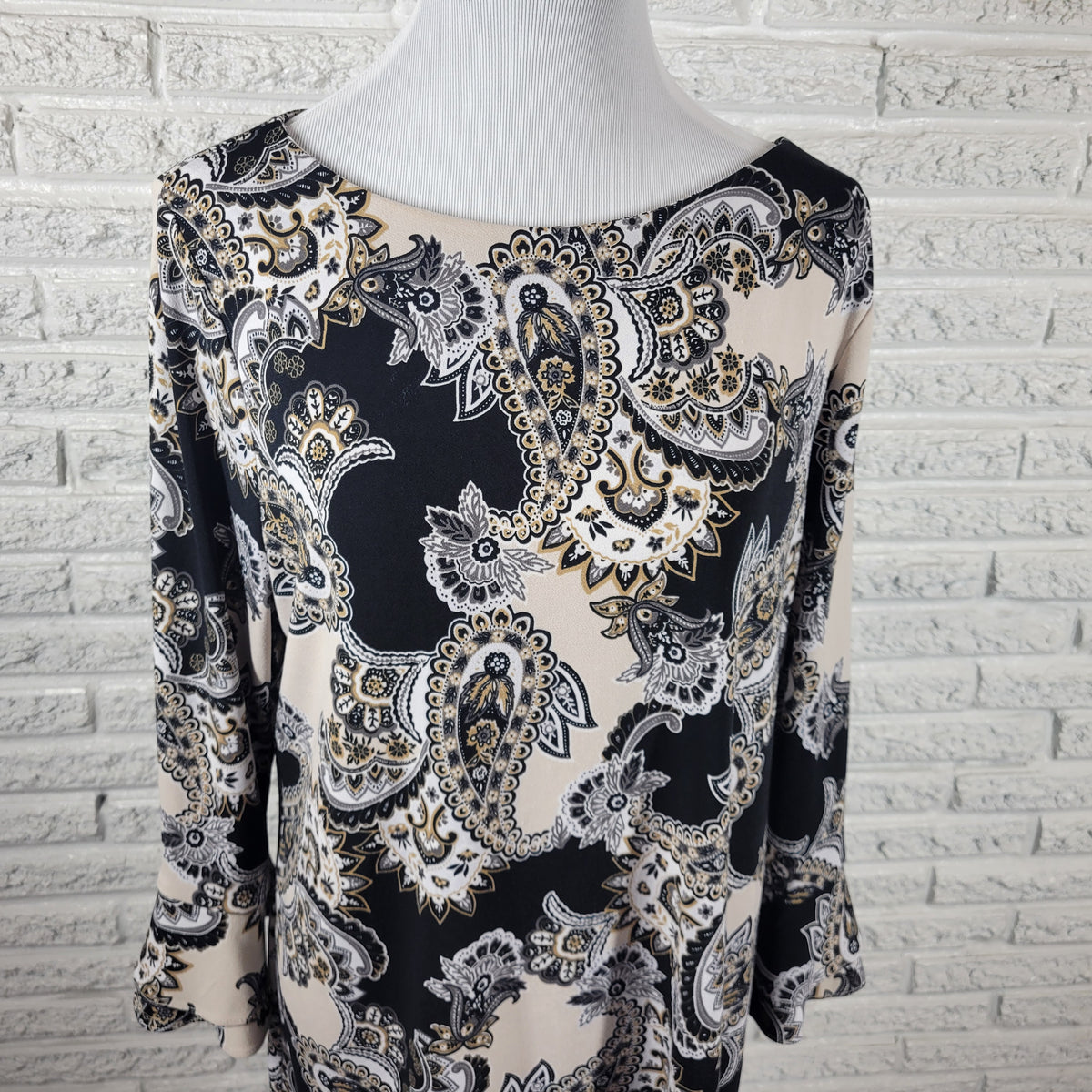 Charter Club Womens XL Top Paisley Black Beige Long Bell Sleeve Round Neck  PAI49E