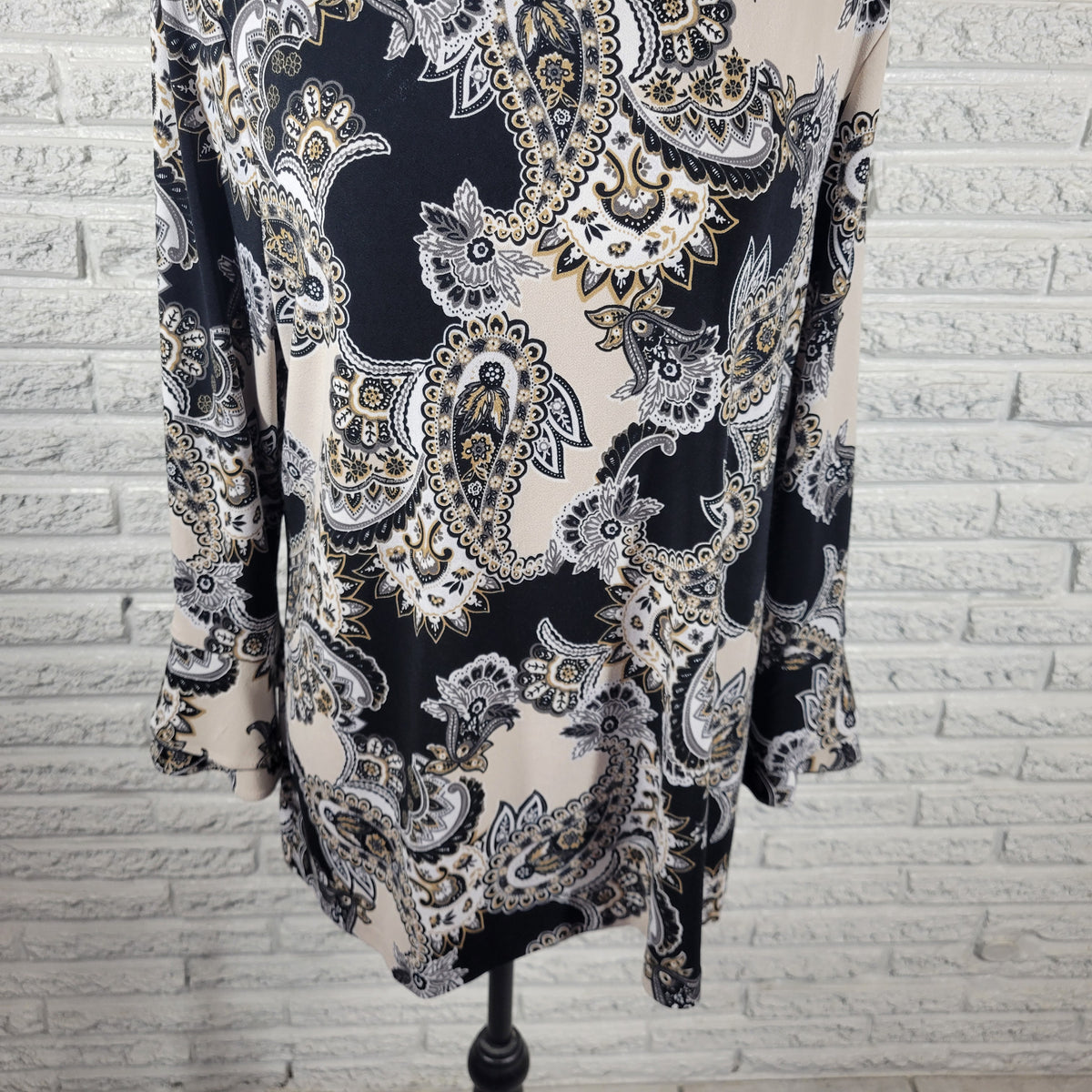 Charter Club Womens XL Top Paisley Black Beige Long Bell Sleeve Round Neck  PAI49E