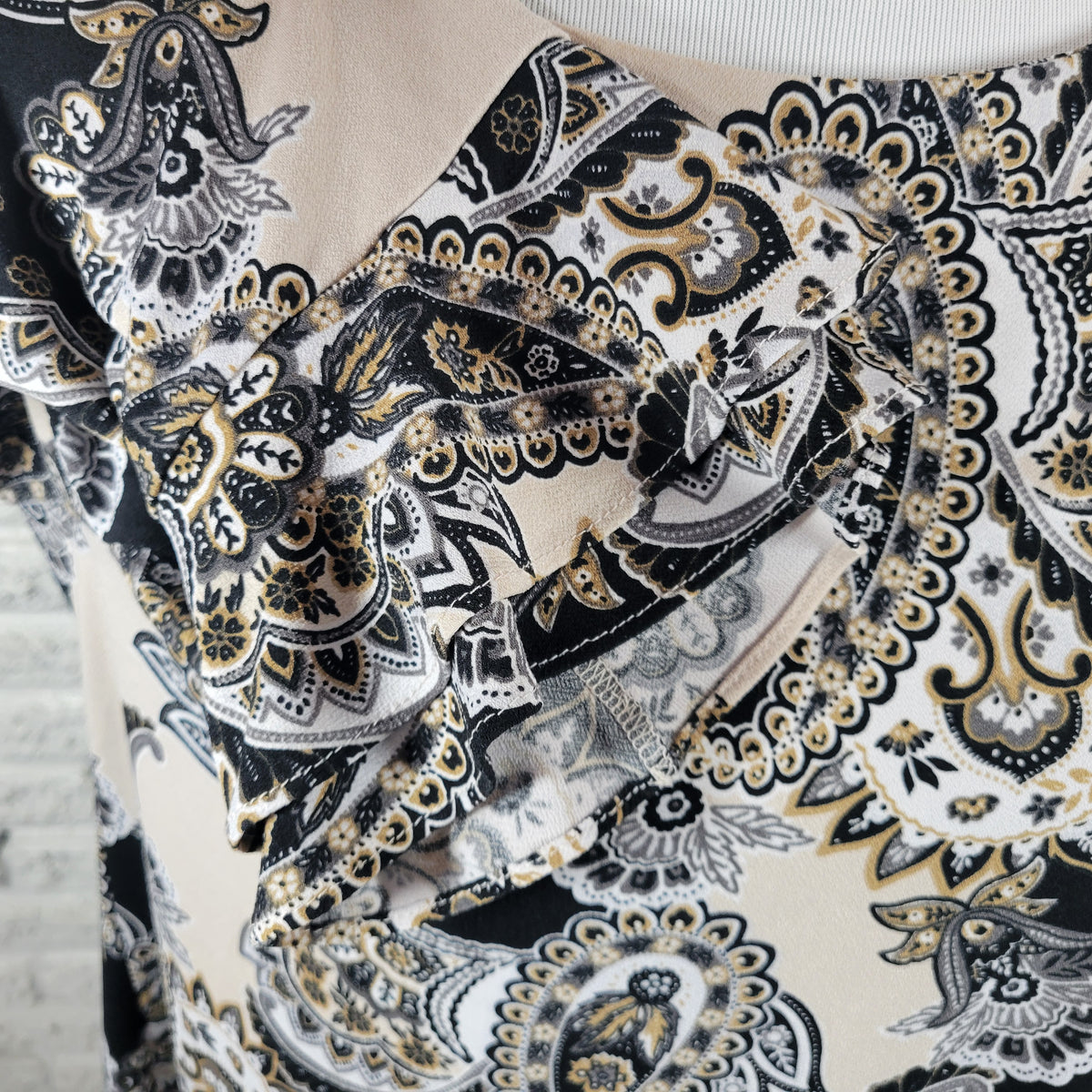 Charter Club Womens XL Top Paisley Black Beige Long Bell Sleeve Round Neck  PAI49E