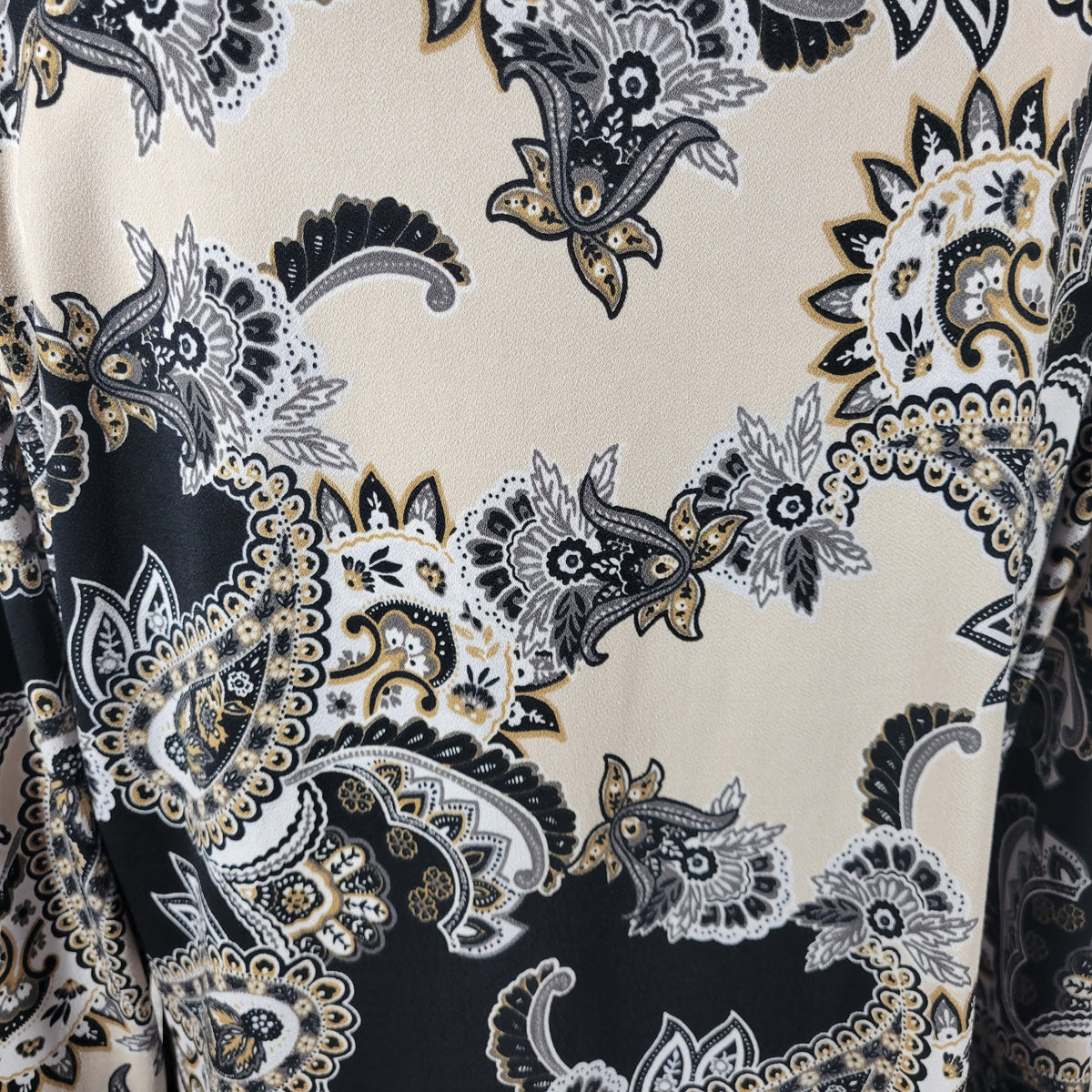 Charter Club Womens XL Top Paisley Black Beige Long Bell Sleeve Round Neck  PAI49E