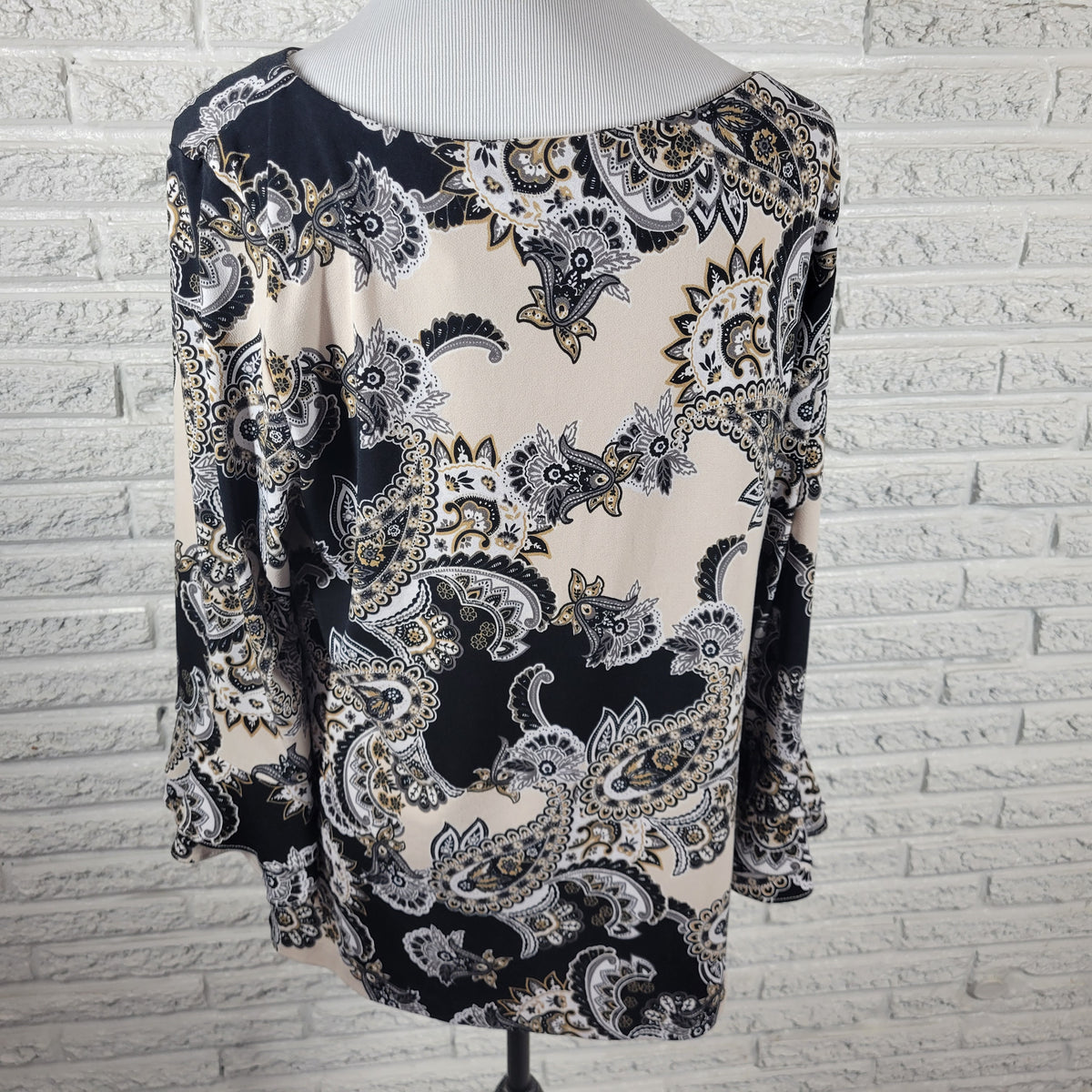 Charter Club Womens XL Top Paisley Black Beige Long Bell Sleeve Round Neck  PAI49E