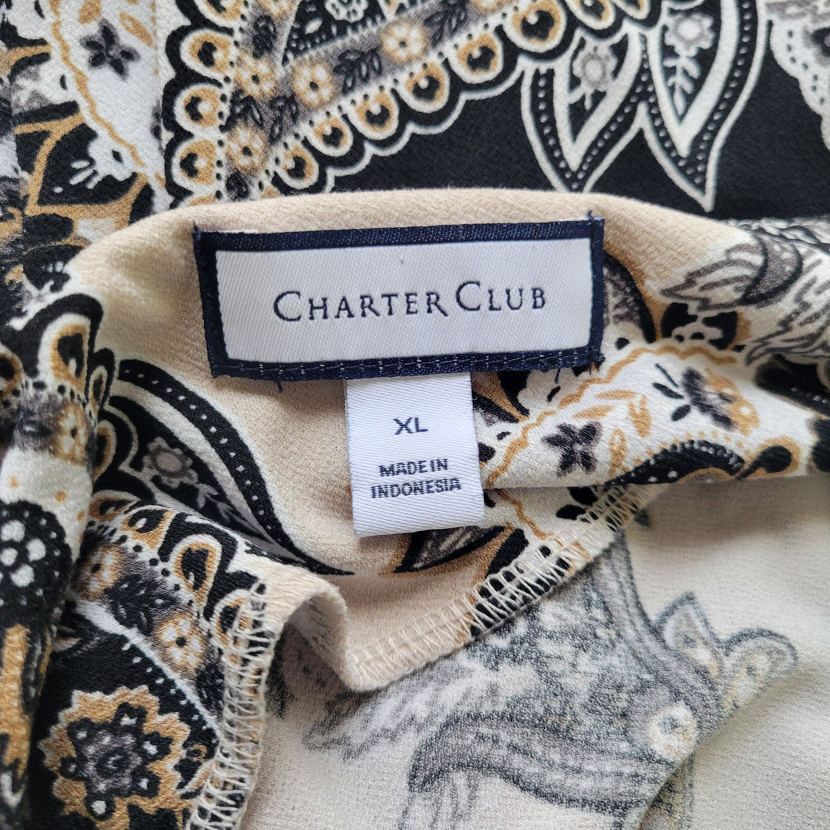 Charter Club Womens XL Top Paisley Black Beige Long Bell Sleeve Round Neck  PAI49E