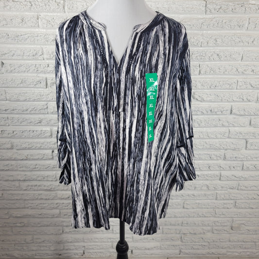 Gloria Vanderbilt Womens XL Top Blouse Black Gray Watercolor Crochet Sleeve  WAT111E