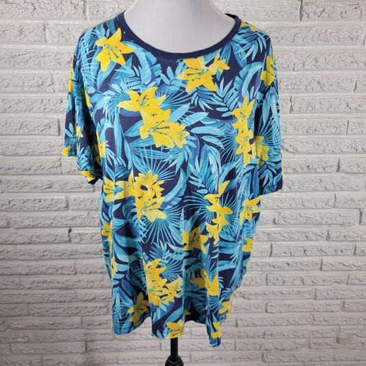 Lands' End Womens 2X Floral T-Shirt Short Sleeve Crew Neck Blue Yellow Cotton FLO309E