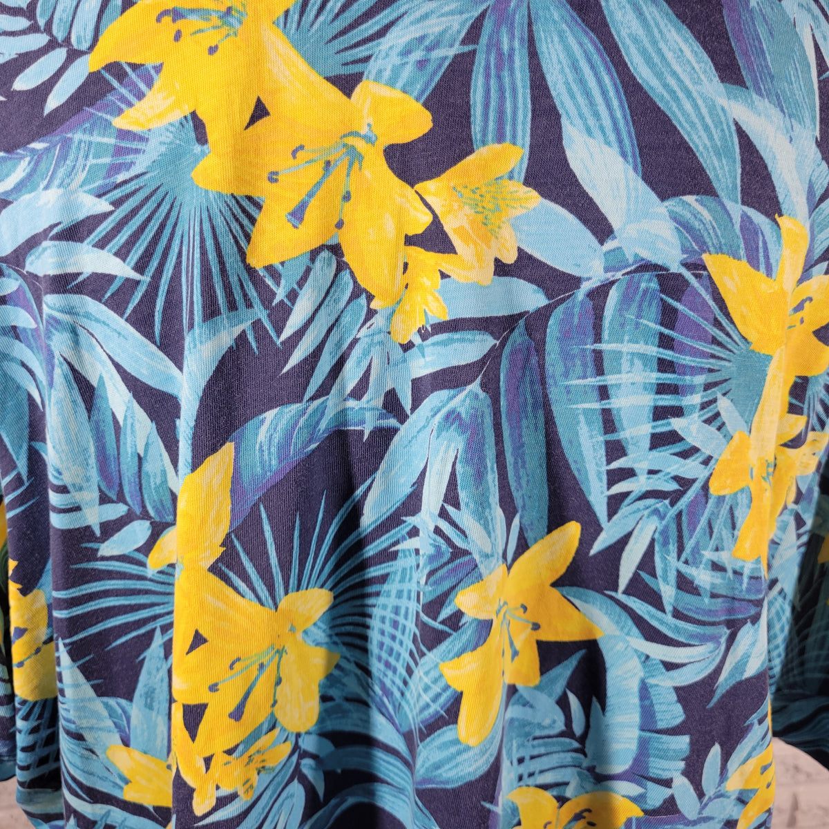 Lands' End Womens 2X Floral T-Shirt Short Sleeve Crew Neck Blue Yellow Cotton FLO309E