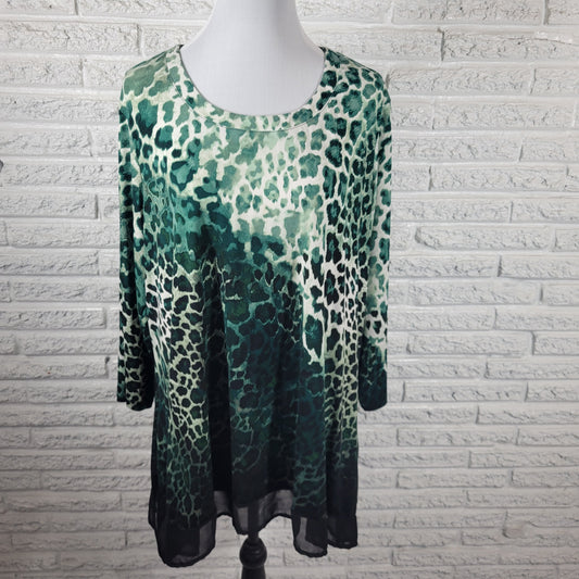 Cato Womens Tunic 18W Green Black Animal Print Blouse Asymmetric Hem 3/4 Sleeve ANI69E