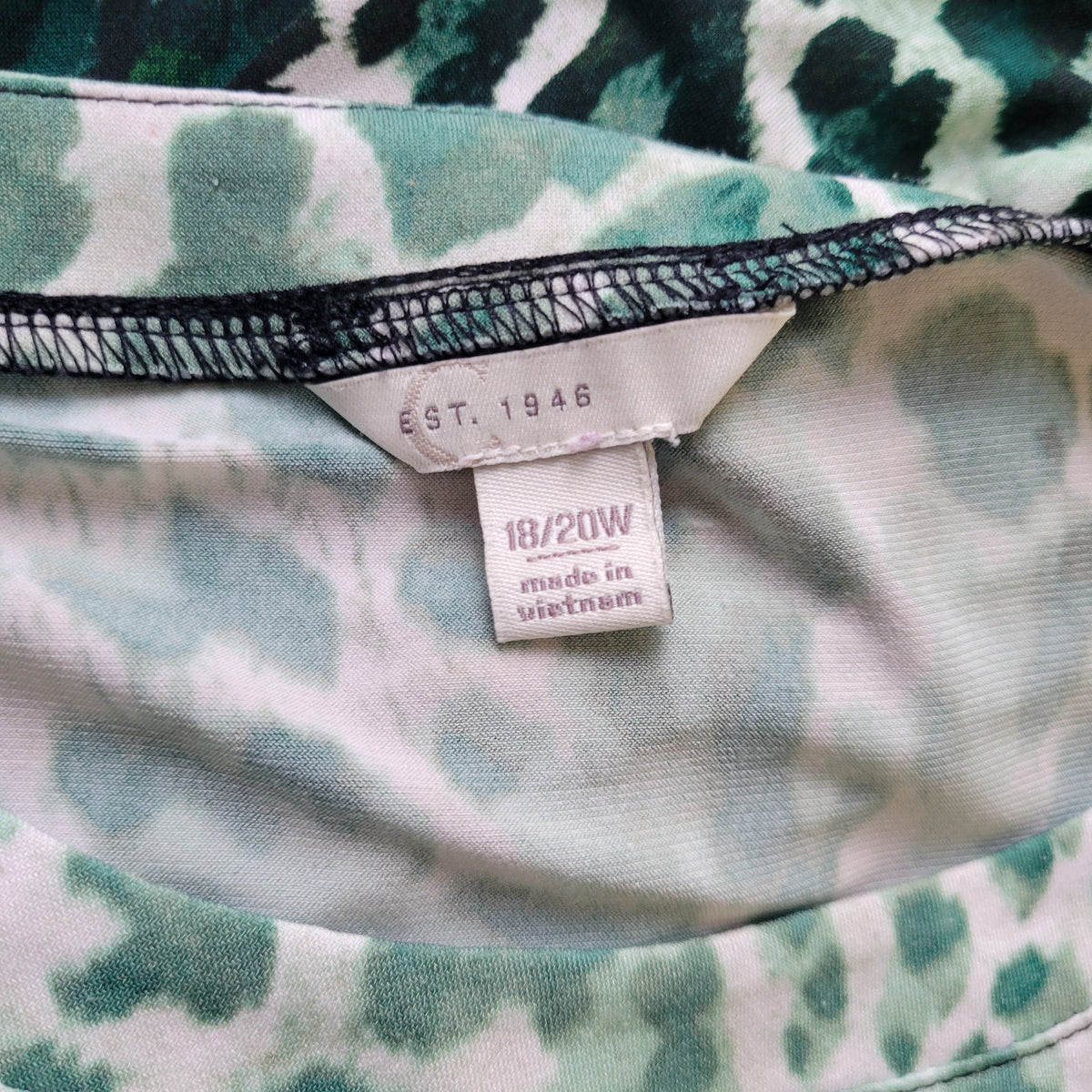 Cato Womens Tunic 18W Green Black Animal Print Blouse Asymmetric Hem 3/4 Sleeve ANI69E
