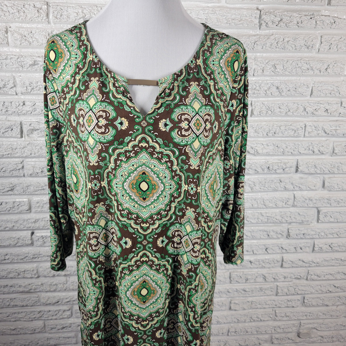 Charter Club Womens Tunic 2X Green Brown Geometric Blouse Keyhole 3/4 Sleeve Top GEO163E