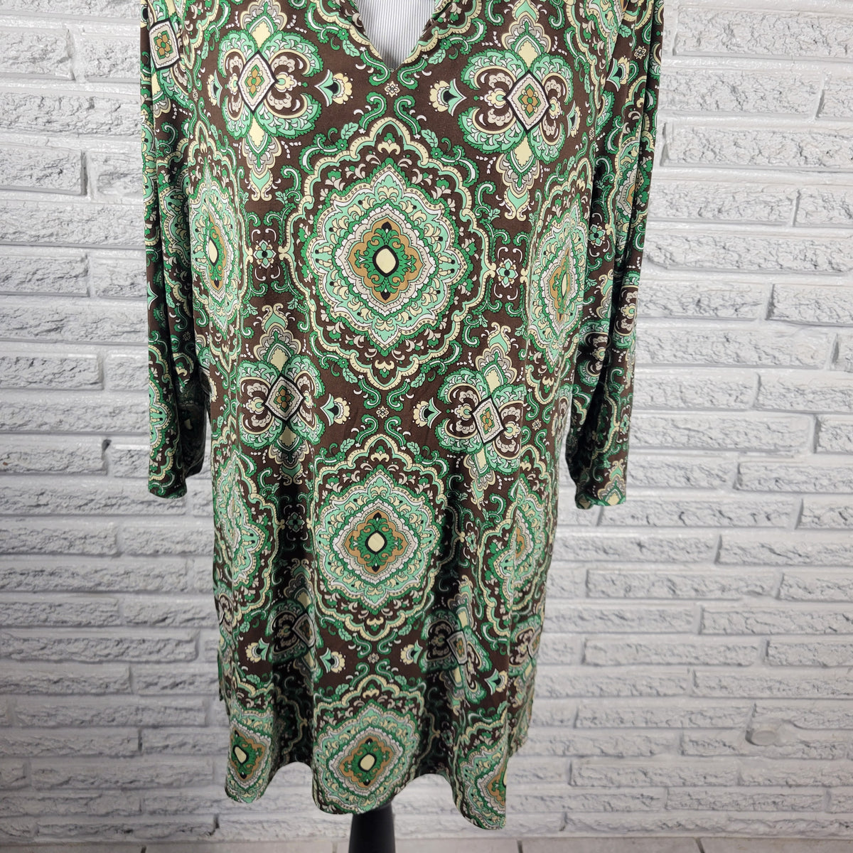 Charter Club Womens Tunic 2X Green Brown Geometric Blouse Keyhole 3/4 Sleeve Top GEO163E