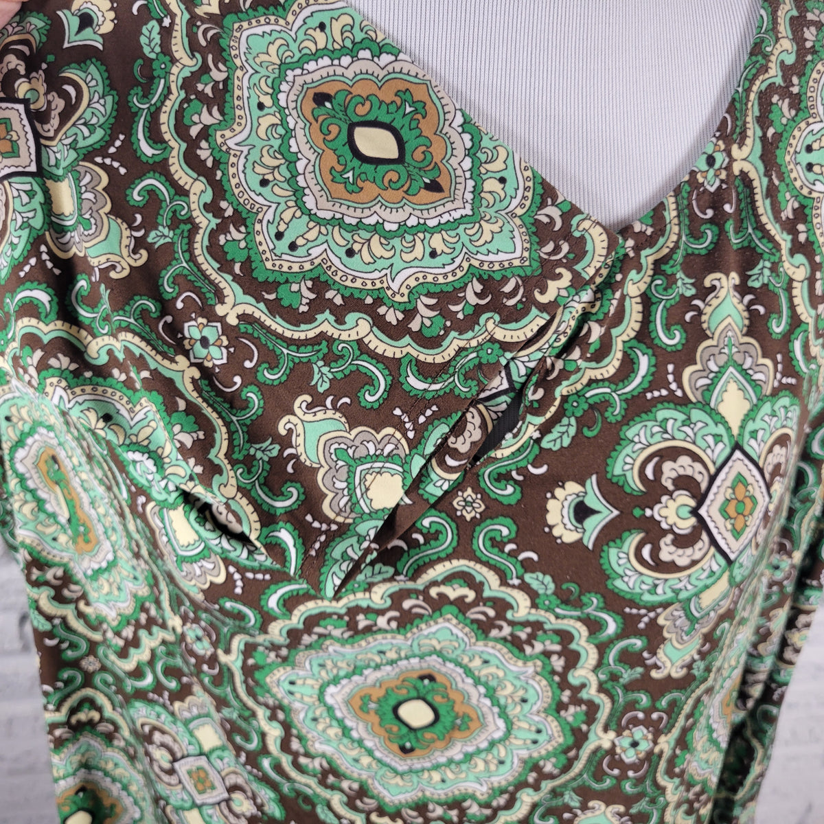 Charter Club Womens Tunic 2X Green Brown Geometric Blouse Keyhole 3/4 Sleeve Top GEO163E