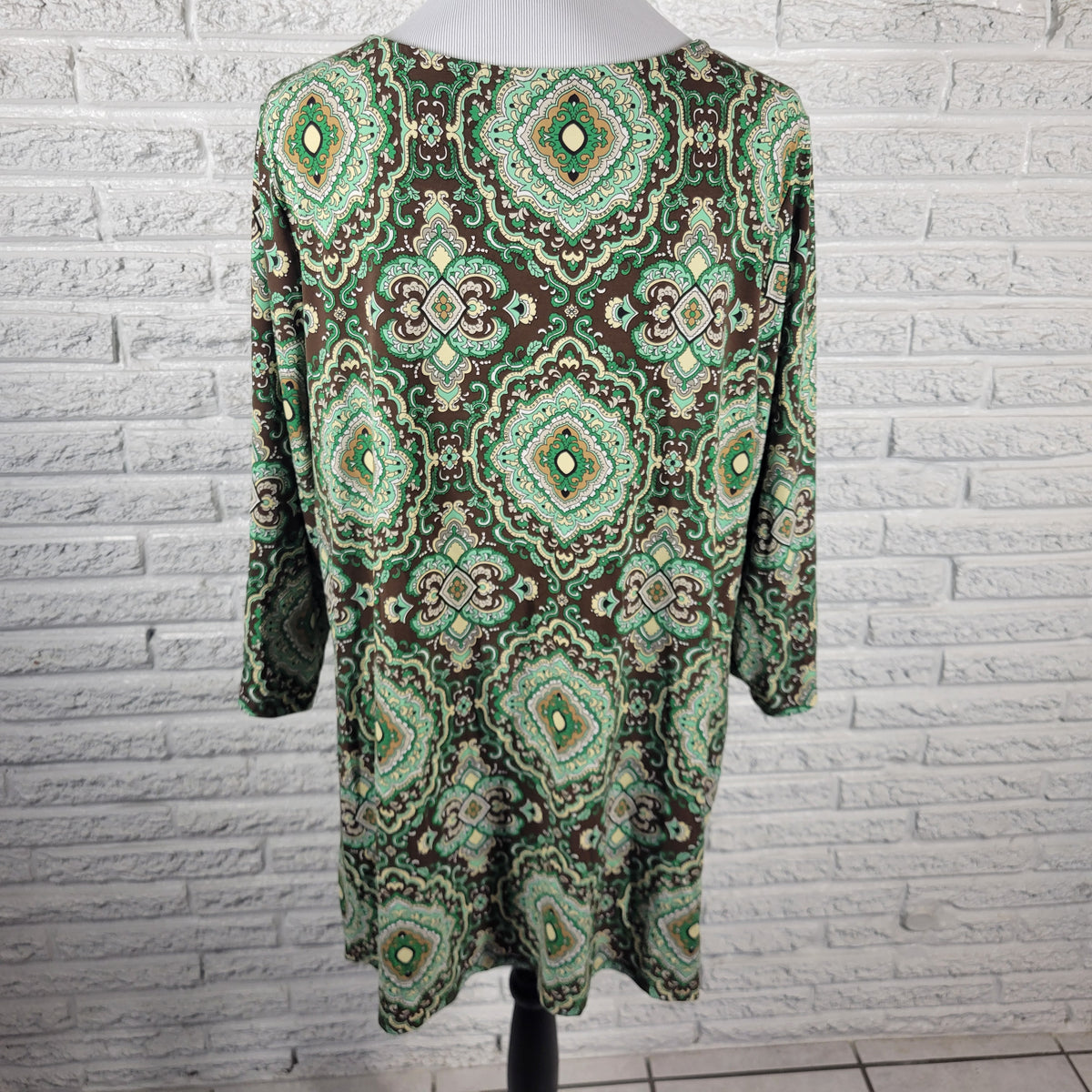 Charter Club Womens Tunic 2X Green Brown Geometric Blouse Keyhole 3/4 Sleeve Top GEO163E