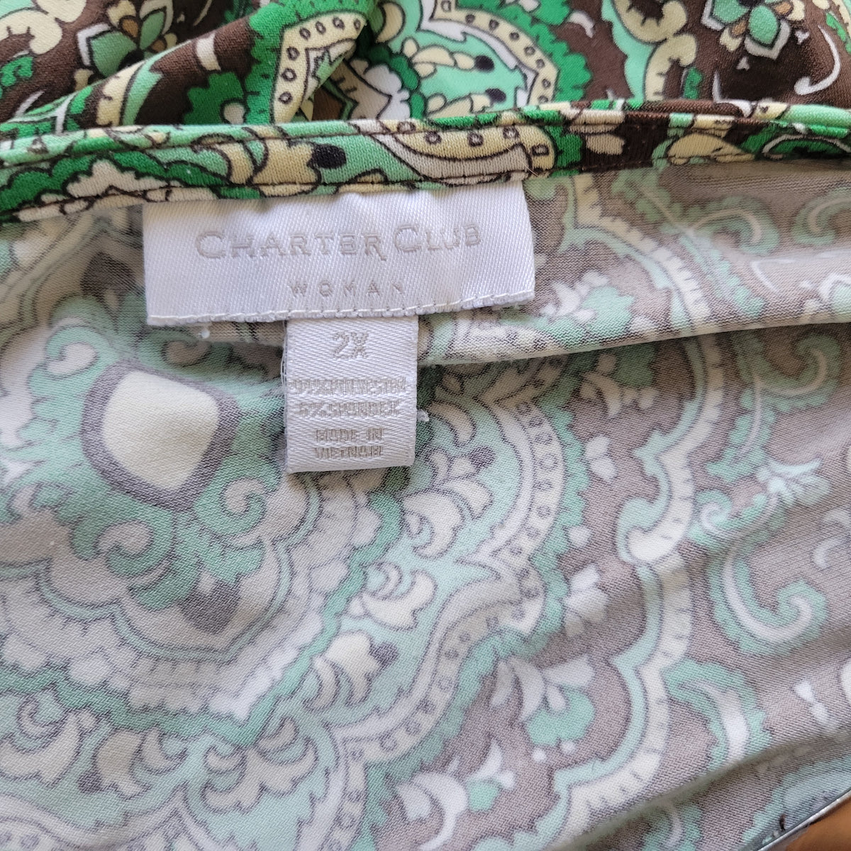 Charter Club Womens Tunic 2X Green Brown Geometric Blouse Keyhole 3/4 Sleeve Top GEO163E