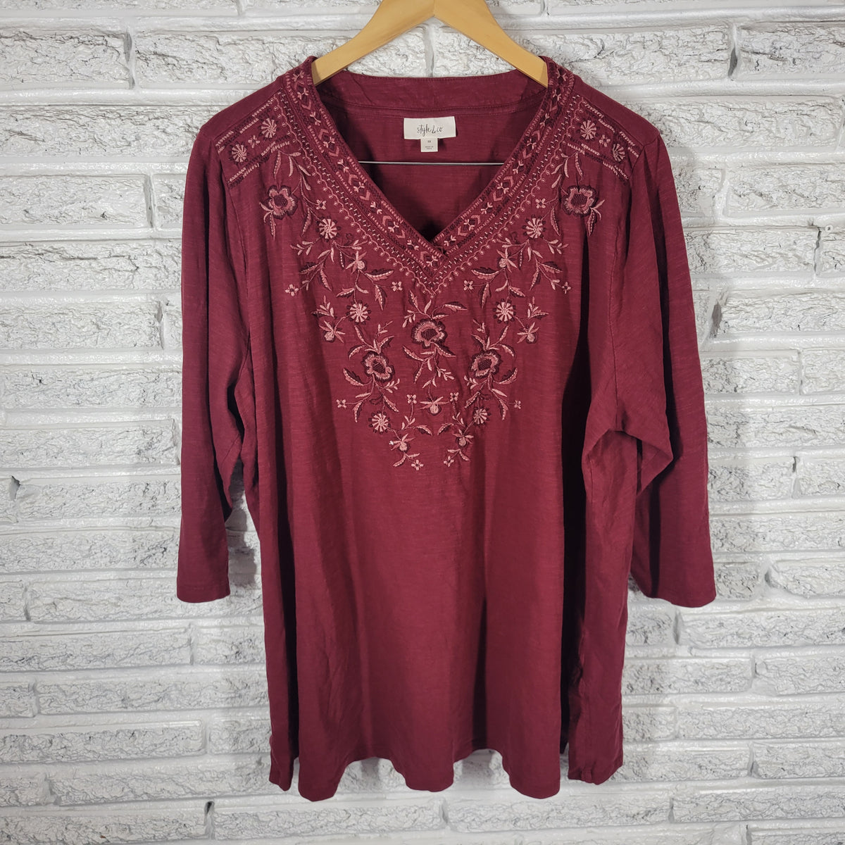 Style & Co Womens Top 3X Brown Embroidered Floral V-Neck 3/4 Sleeve Cotton Shirt FLO304E