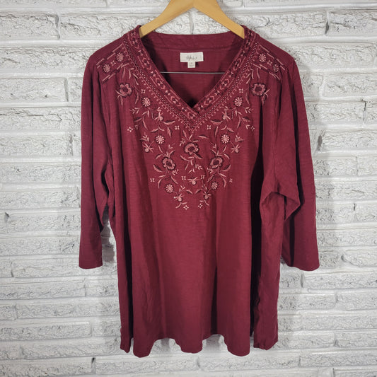 Style & Co Womens Top 3X Brown Embroidered Floral V-Neck 3/4 Sleeve Cotton Shirt FLO304E