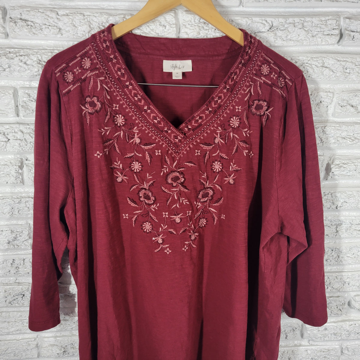 Style & Co Womens Top 3X Brown Embroidered Floral V-Neck 3/4 Sleeve Cotton Shirt FLO304E