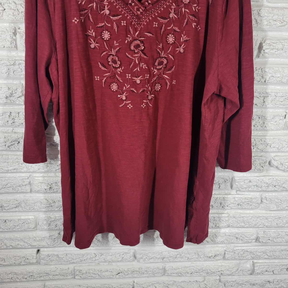 Style & Co Womens Top 3X Brown Embroidered Floral V-Neck 3/4 Sleeve Cotton Shirt FLO304E
