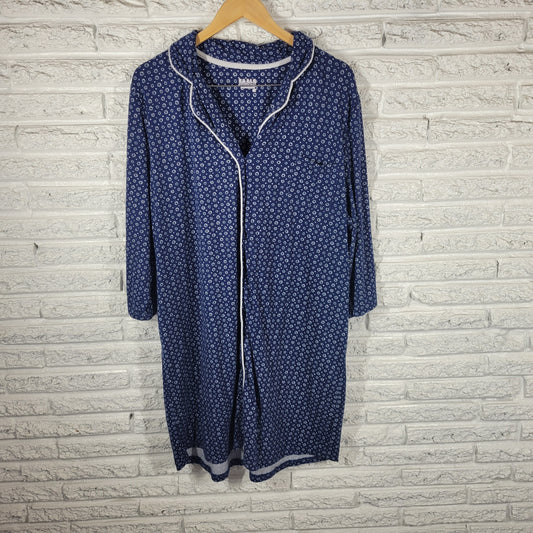 Basic Editions Womens Pajama Top 1X Blue White Floral Nightgown 3/4 Sleeve FLO140E