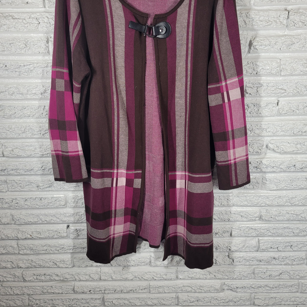 Kasper Womens Cardigan XL Purple Brown Plaid Knit One Snap Button Sweater Coat SWE128E