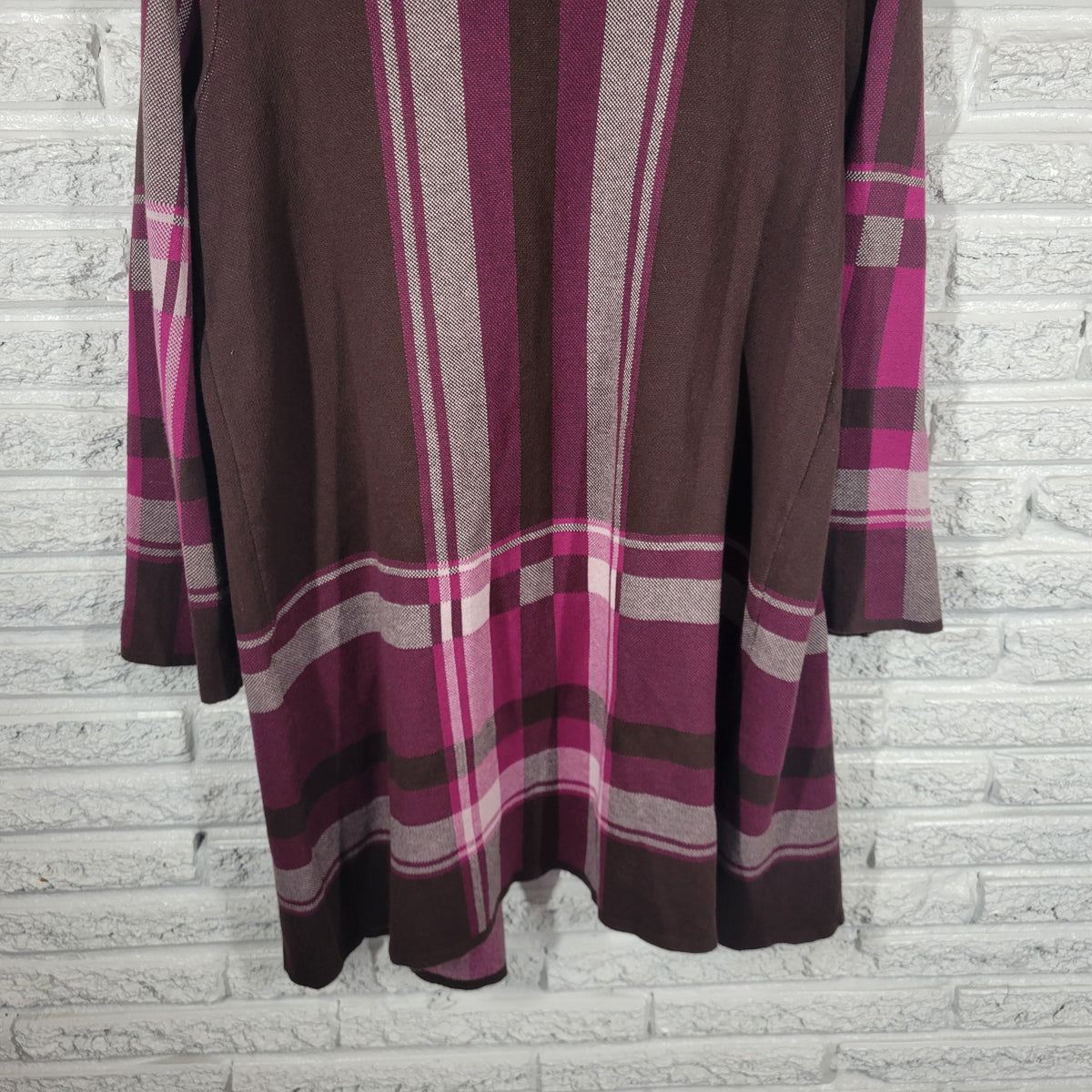 Kasper Womens Cardigan XL Purple Brown Plaid Knit One Snap Button Sweater Coat SWE128E