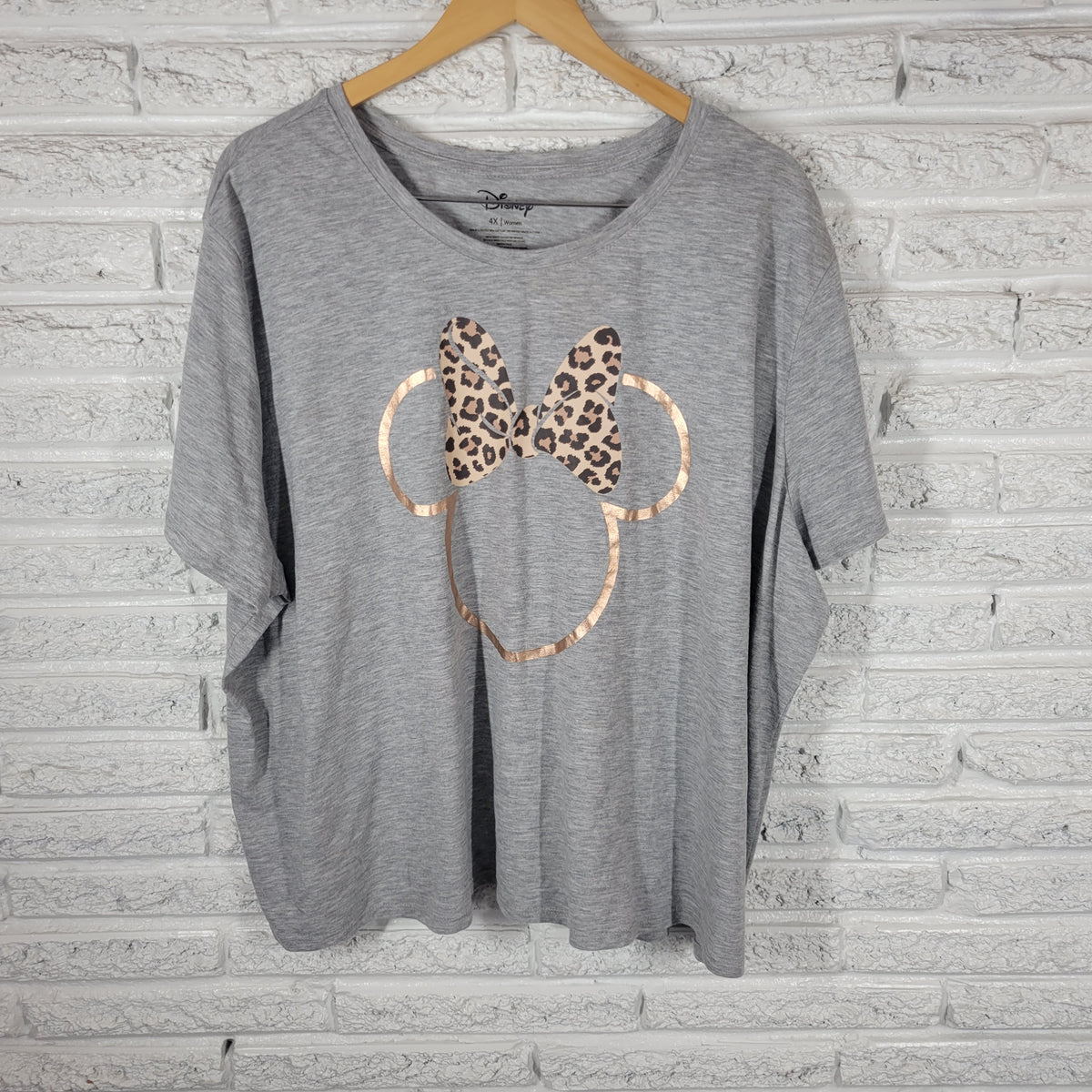 Disney EVRI Womens 4X Minnie Mouse Leopard Bow Rose Gold Metallic Grey Shirt NOV145E
